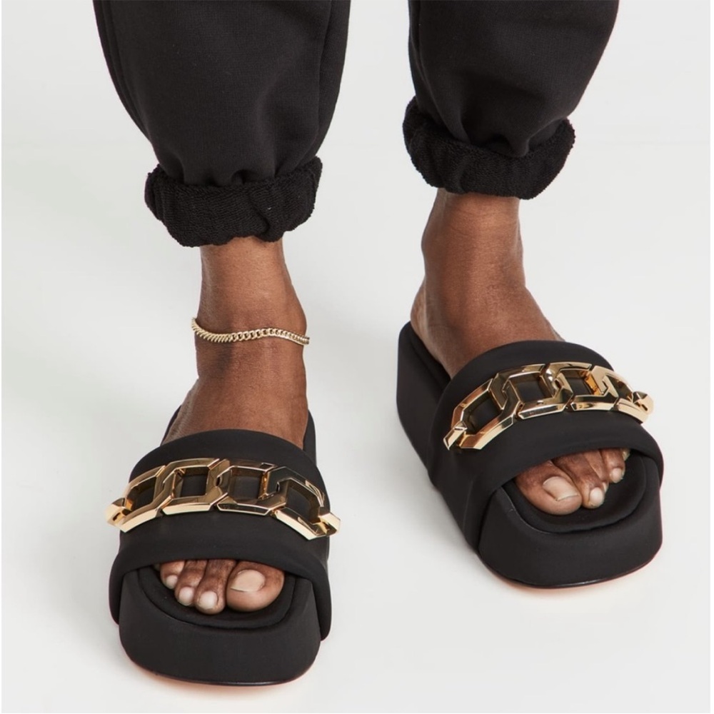 Good American Black and Gold Chain Slide Sandals